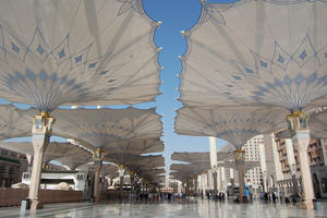 Looking westward at the umbrellas of Al-Masjid al-Nabawi (The mosque of the Prophet)